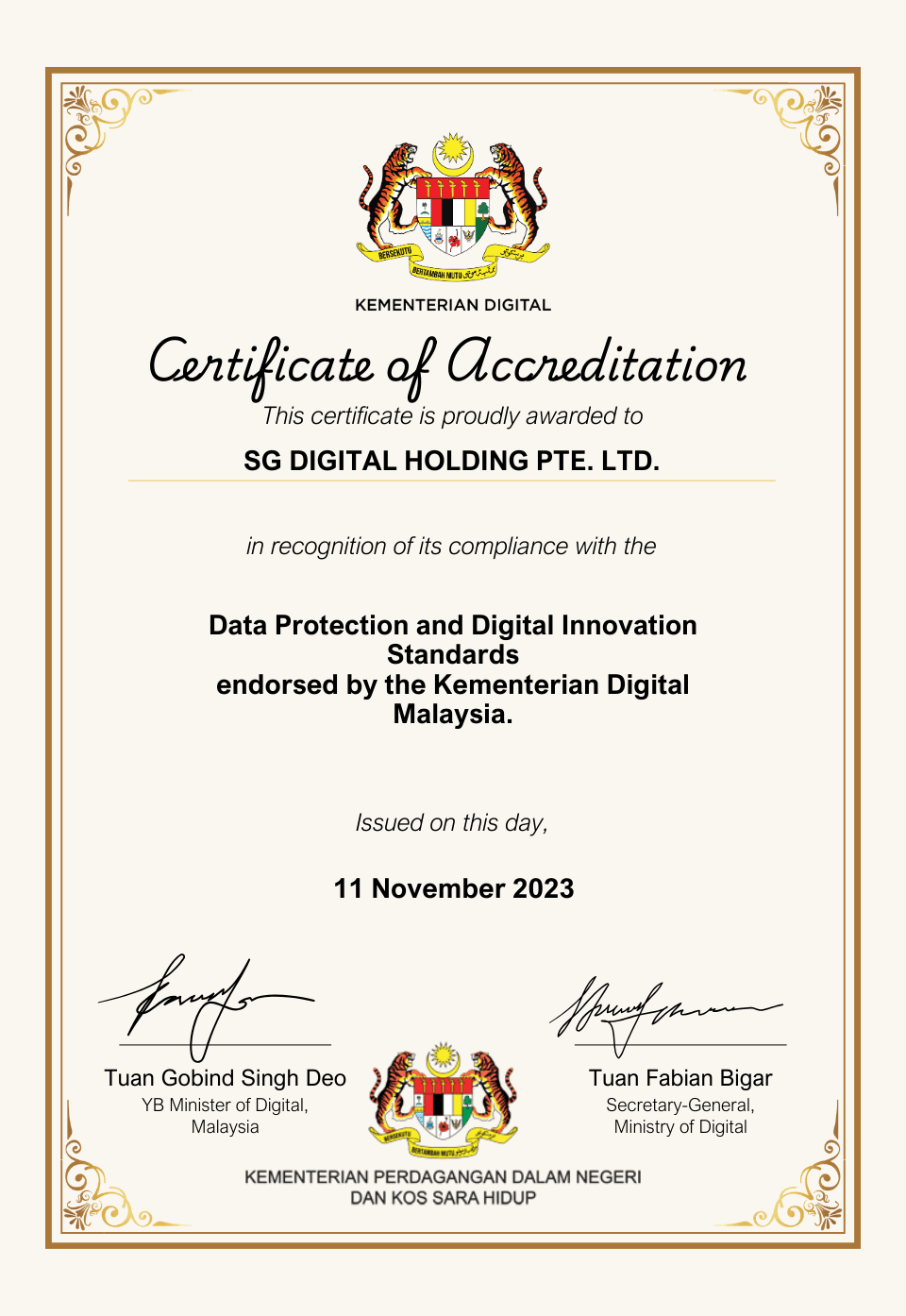 Malaysian Government Certificate of Accreditation 1
